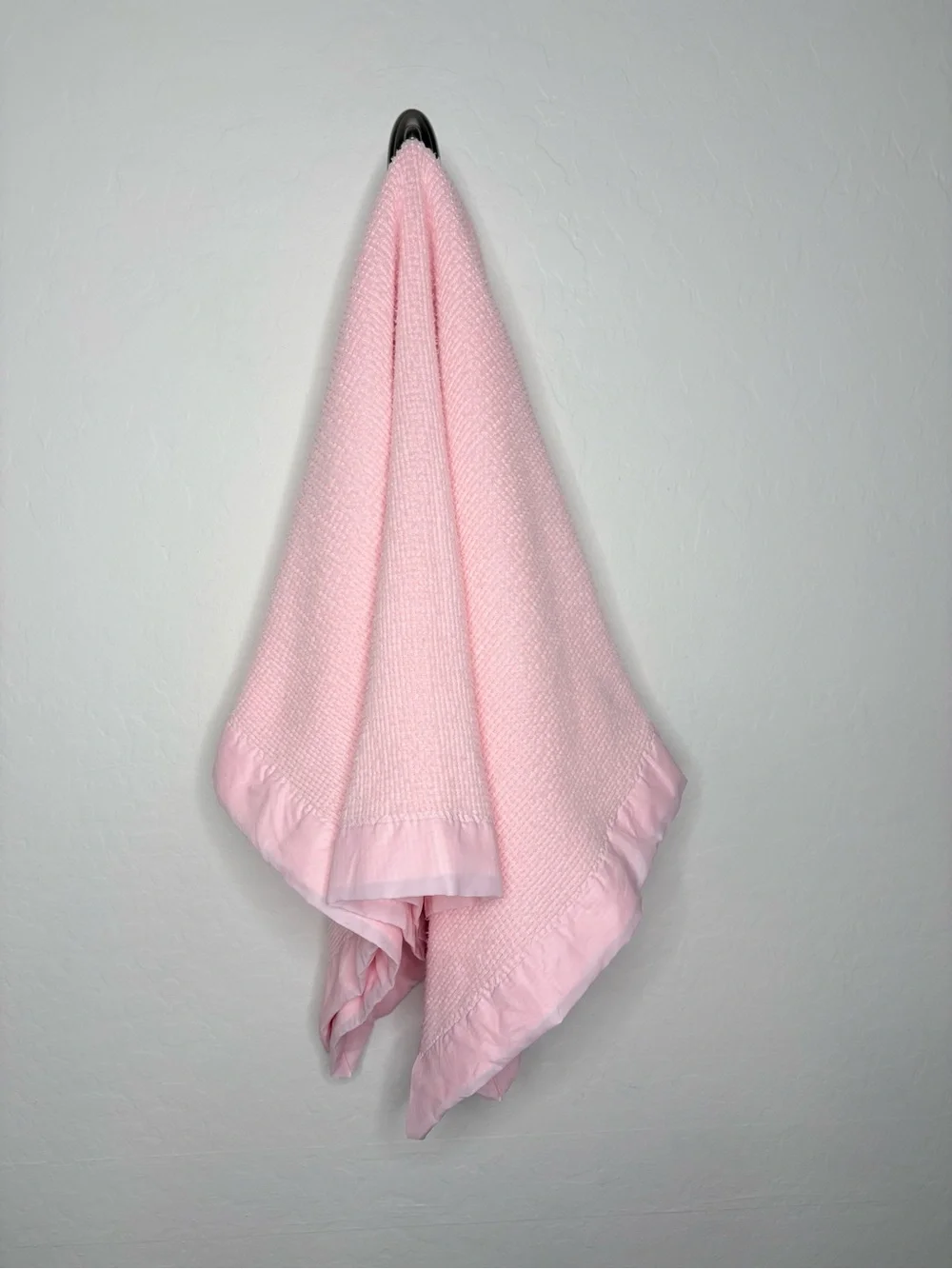 Vintage Pink Waffle Weave Baby Blanket Satin Trim 35x46 Security Crib Nursery